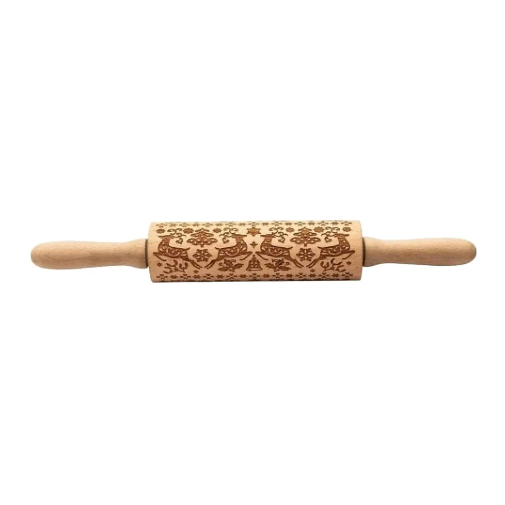 Christmas Rolling Pin Engraved Carved Wood Embossed Rolling Pin Kitchen Tool 35CM Embossing Baking Cookies Biscuit Fondant#5