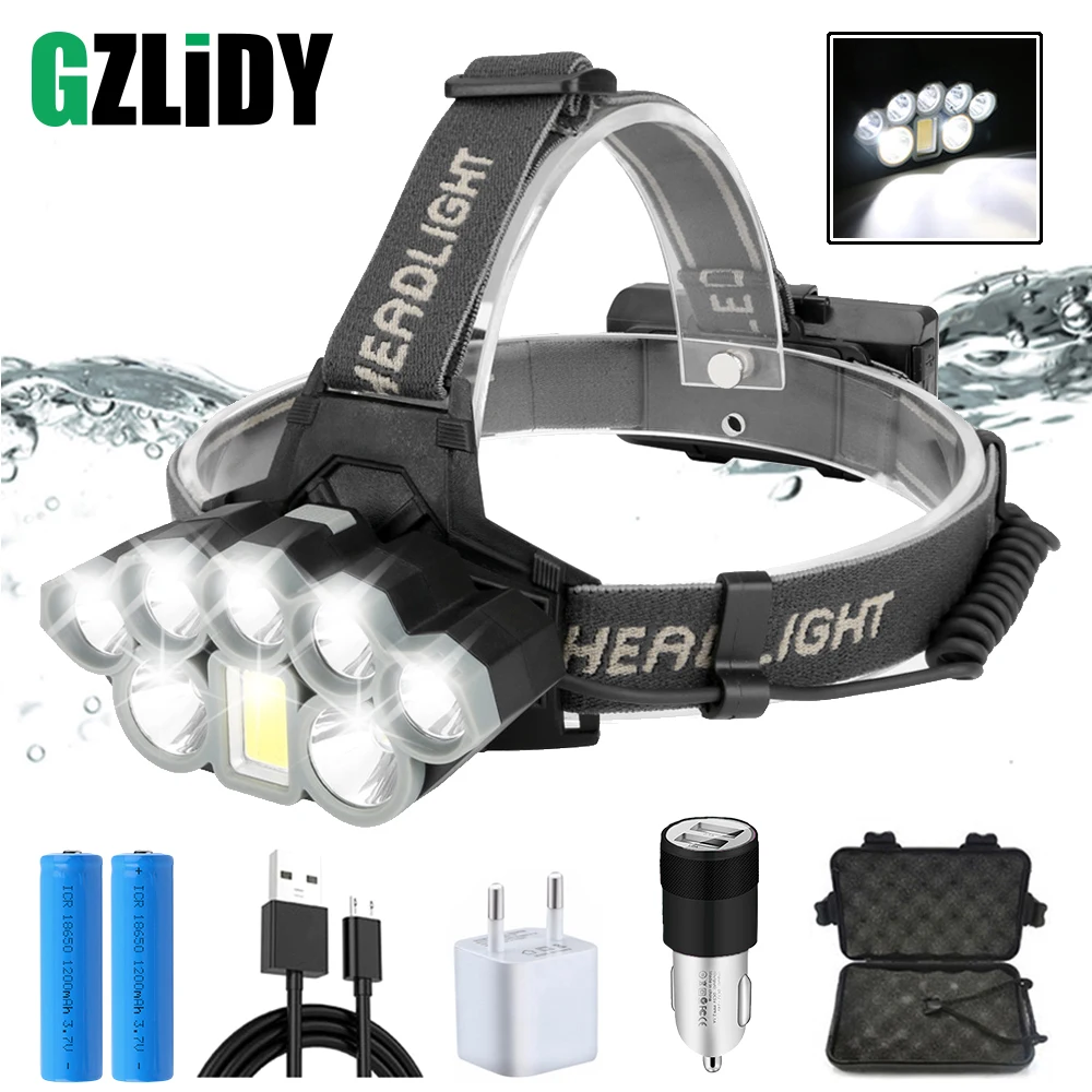 

USB Rechargeable LED Headlamp Super Bright 6 Modes T6+COB Waterproof Headlight with Tail Warning Light Using 2 18650 Batteries