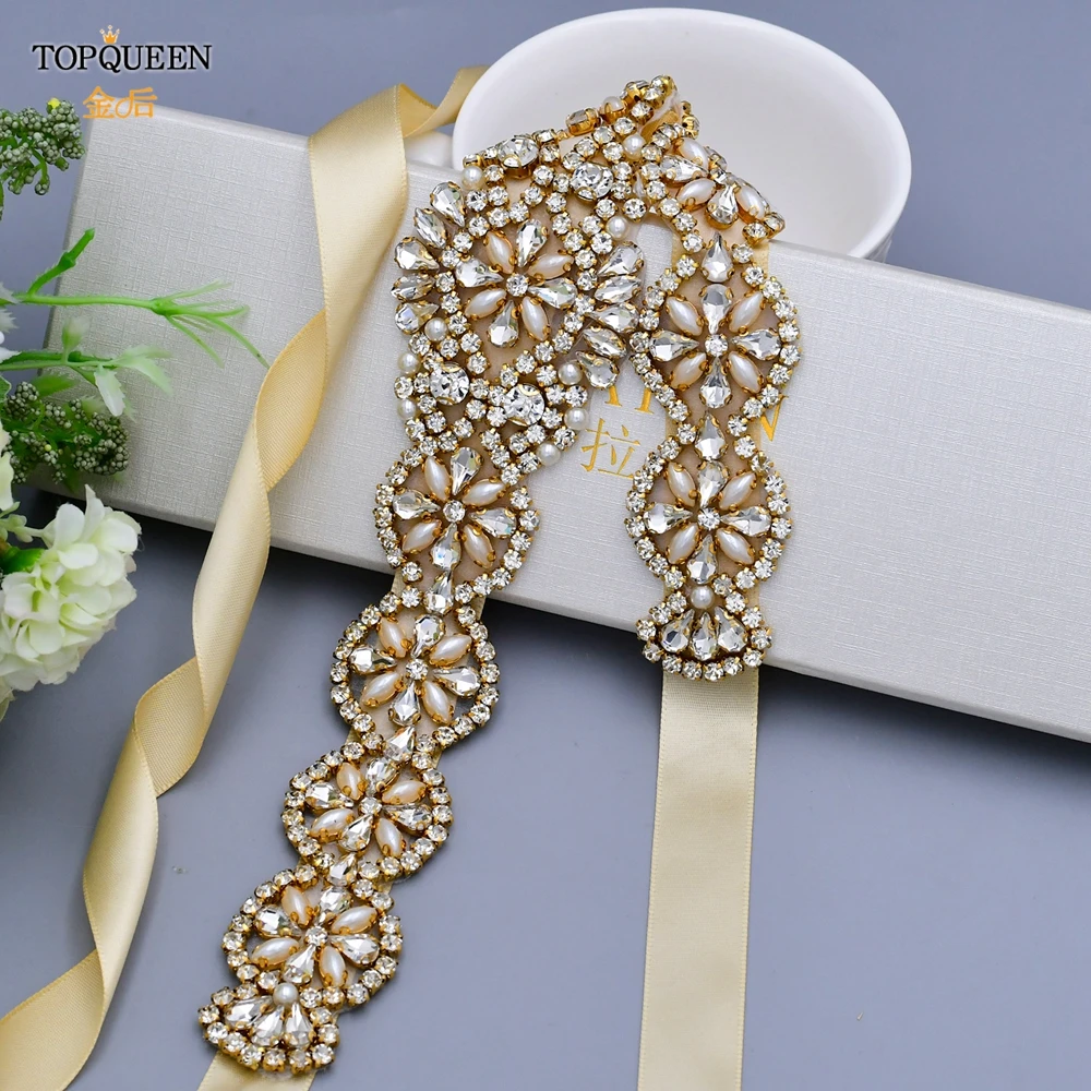 TOPQUEEN dorado de S161 G para boda, cinturones de perlas y diamantes de imitación para vestidos, apliques de diamantes, adorno de cuentas, decoración para bodas y novias|Cinturones de novia| - AliExpress