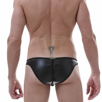 

Men Sexy black Leather Briefs Underwear Mesh Sheer Brief Bikini Gay Underwear Hot