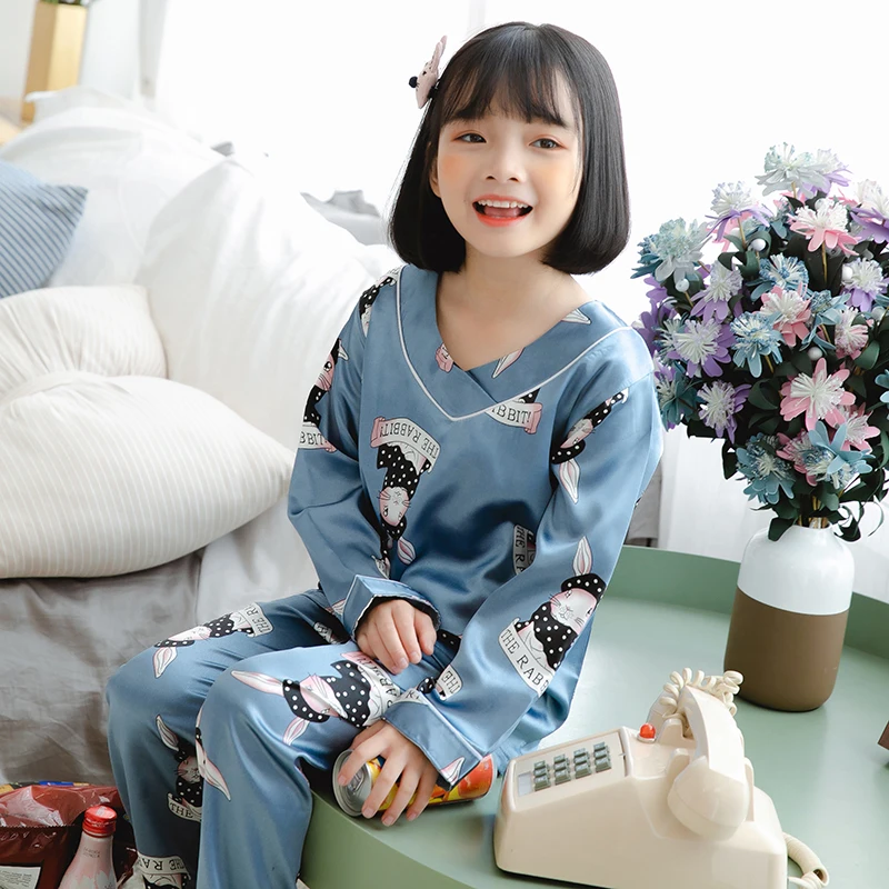 

2-12 Years Children Girls Pajamas Set Faux Silk Pajama 2019 Autumn Kids Home Clothes Nightwear Long Sleepwear Girl Clothes Set