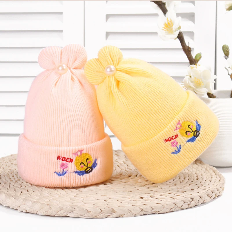

Knitted peral bee Baby Winter Hat For Kids Handmade Beanies Double Side Bonnet Warm Winter Hats Cute Baby Caps 2019 Hot Sale
