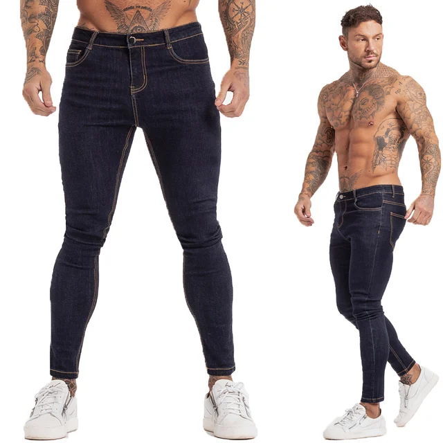 GINGTTO Jeans Men Elastic Waist Skinny Jeans Men 2020 Stretch Ripped Pants Streetwear Mens Denim Jeans Blue blue2 zm124