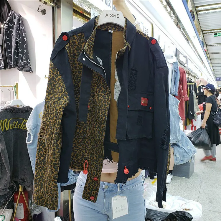 

European New Autumn Leopard Print Cowboy Coat Woman Personality Irregular Splice Denim Jacket Loose Jeans Coats