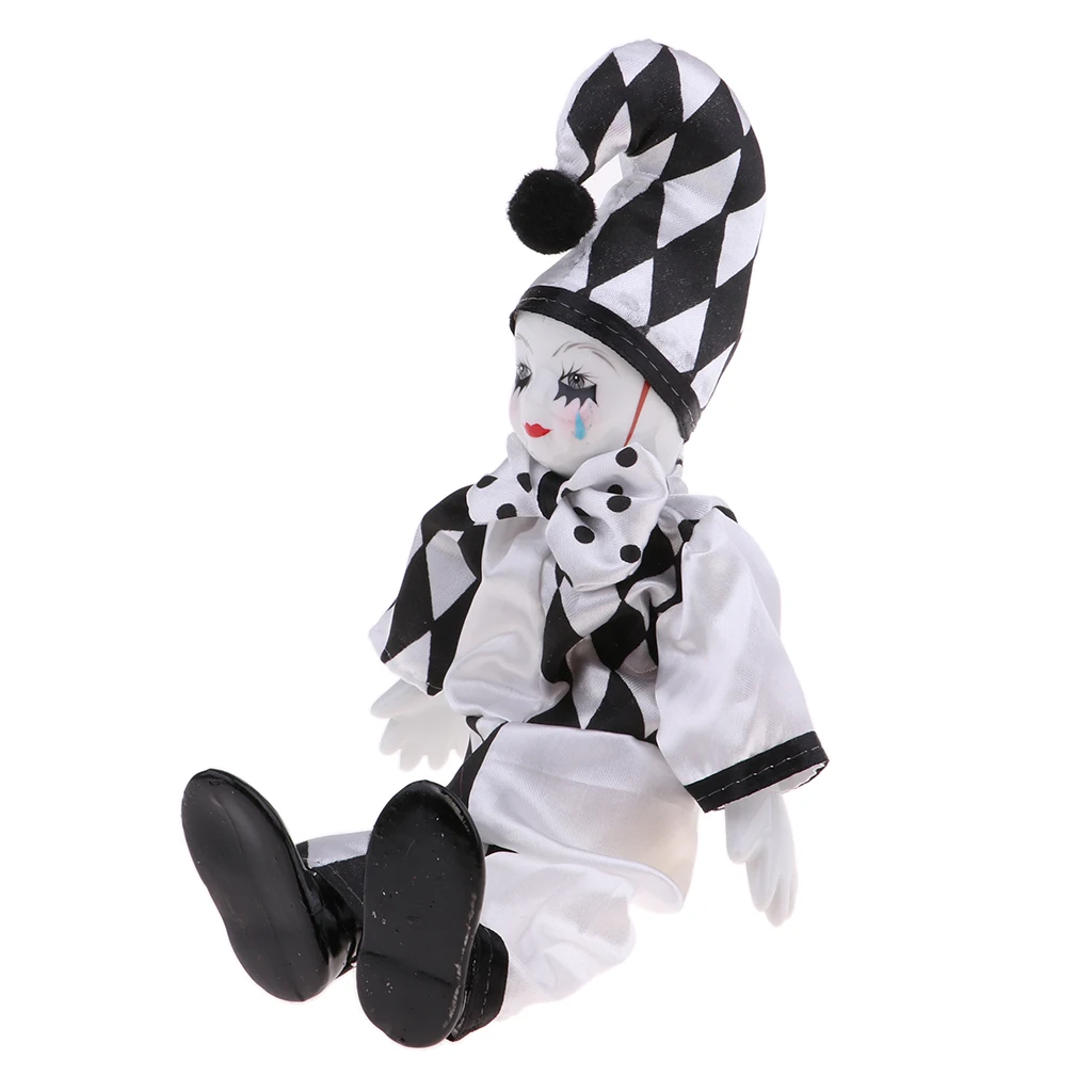 25cm 10inch Funny Porcelain Standing Clown Man Doll in Black & White Costume Home Decor