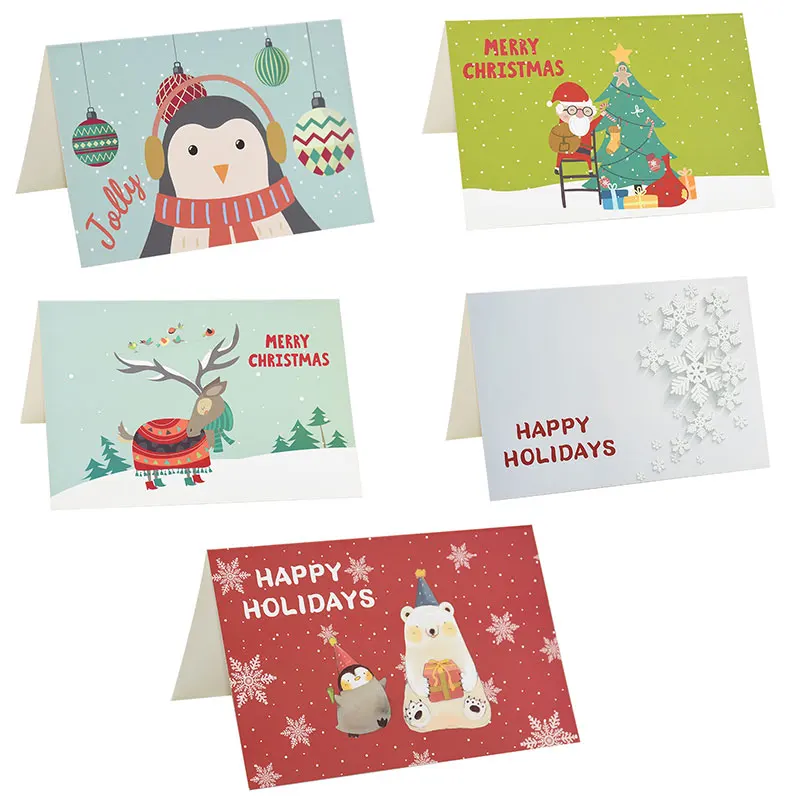2/5pcs 10*15cm Cartoon Santa Claus Happy Holidays Merry Christmas Greeting Cards With Envelop Kids New Year Postcard Gift Card