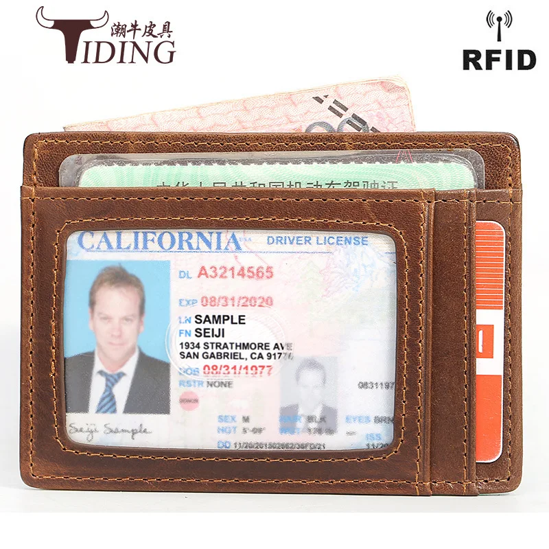 

Hot Sales RFID Genuine Leather Card Bag Multi-functional Wallet Card Holder Oil Wax Leather Purse Gift Customization
