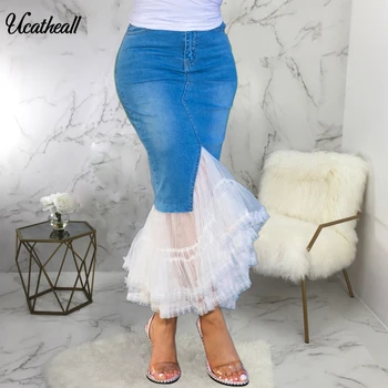 

Women Fashion High Waist Split Denim Denim Mesh Stitching Bodycon Long Skirt Hip-wrapped Ruffle Office Work Skirt