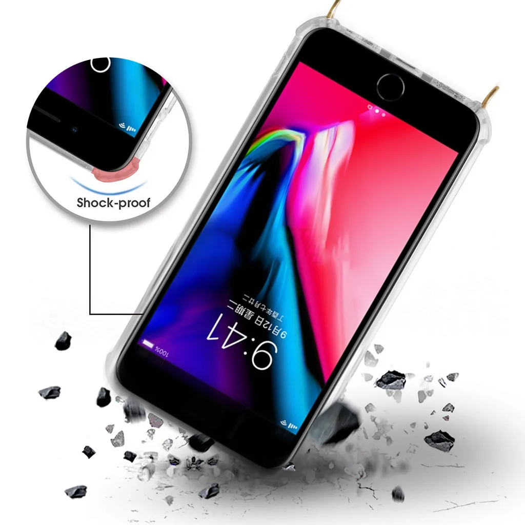 Lanyard Neck Strap transparent TPU case Retractable String Silicone Phone Cover Case Full Protection Shock Proof for iphone 7/8