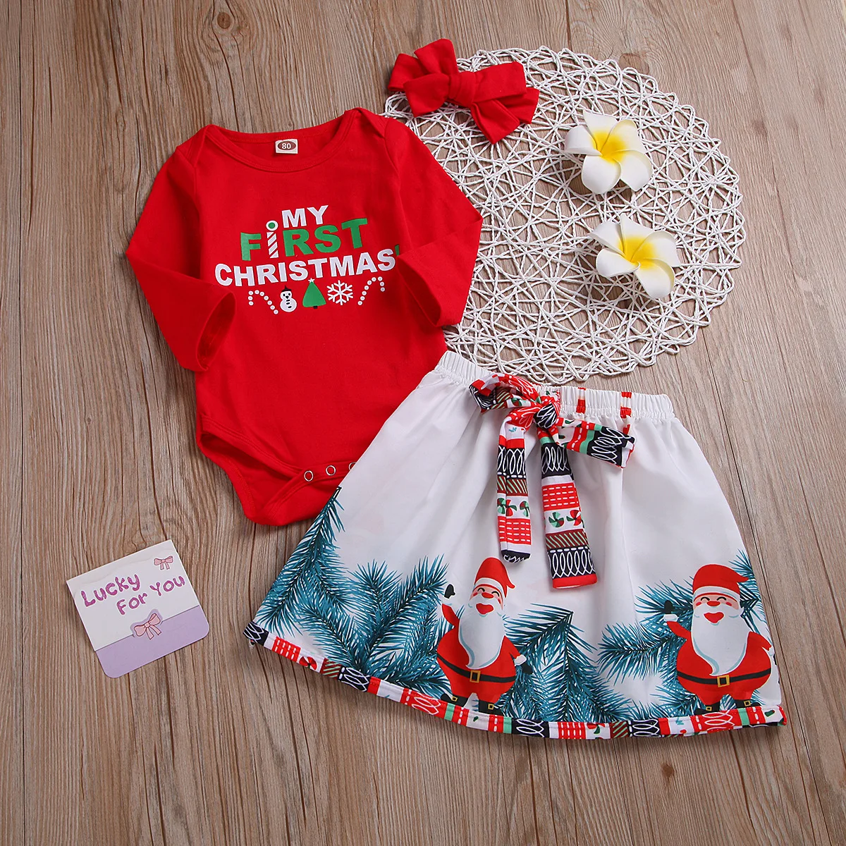 Модный детский хлопковый топ с надписью My First Christmas + юбка повязка на голову