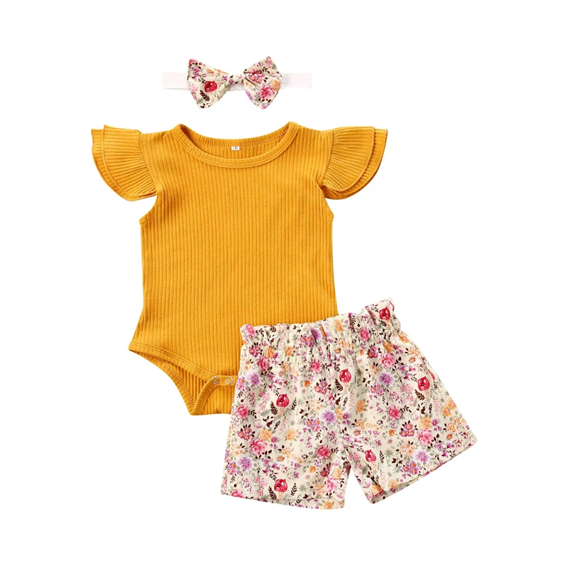 3Pcs Newborn Baby Girl Clothes Set Solid Color Short sleeve Romper