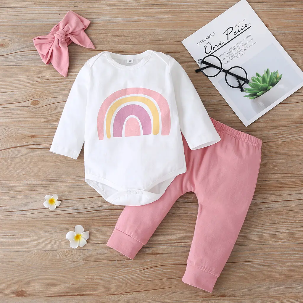 

2020 Hot 3 Pieces Baby Girl Cotton Clothes Fresh Rainbow Long Sleeve Jumpsuit + Solid Color Long Pants + Headband Outfit Set