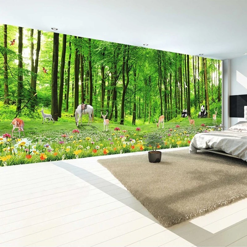 

Drop Shipping Custom 3D Photo Wallpaper Green Forest Cartoon Animals 3D Backdrop Wall Mural Panda Deer Flower Natural Scenery