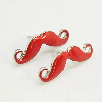 

Fashion Moustache Ear Studs, Alloy Enamel Earrings, with Iron Pins and Plastic Ear Nuts, Platinum Color, Red; pin: 0.7mm