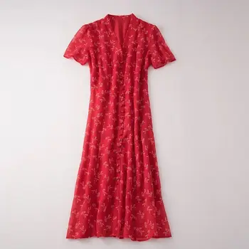 

Women Flower Print Red Slim Midi Dress Short Sleeve Single-breasted Sweet Summer Long Dress