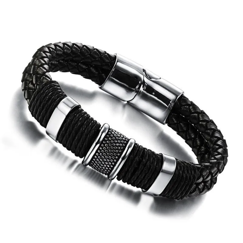 

MD Stainless Steel Metal Bracelet Handmade Woven Leather Vintage Bracelet
