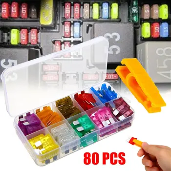 

80pcs 12V Standard Blade Car Fuses High Quality Auto Medium Blade Fuses Kit 3A~40A Assorted Set + 1pc Puller Kit