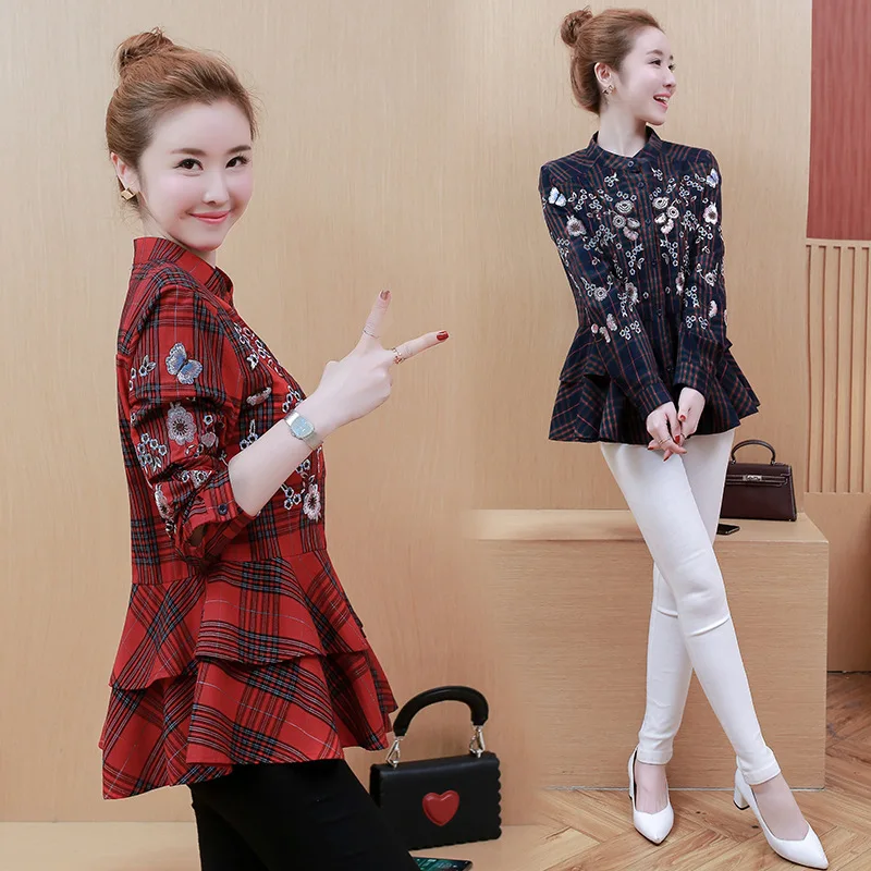 

Photo Shoot 2019 Spring And Autumn New Style Large Size Dress Fat Mm Belly Covering Ethnic Embroidery Sleeve Shirt