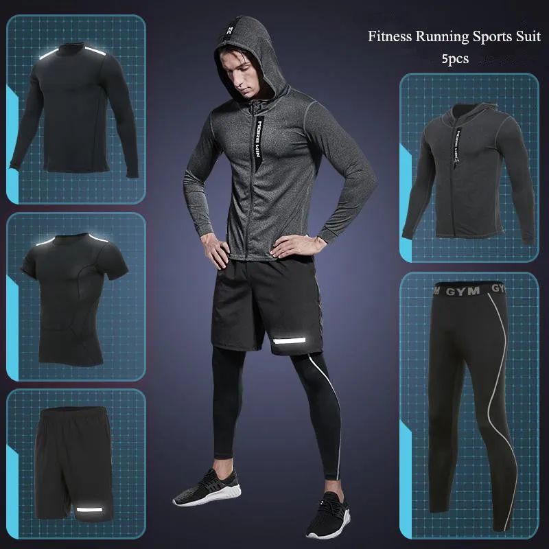 Brand Fitness Sports Suit Men Gym Clothing Compression Tights Set Workout  Outfit Quick Dry Running Training Sportswear 5pcs/set