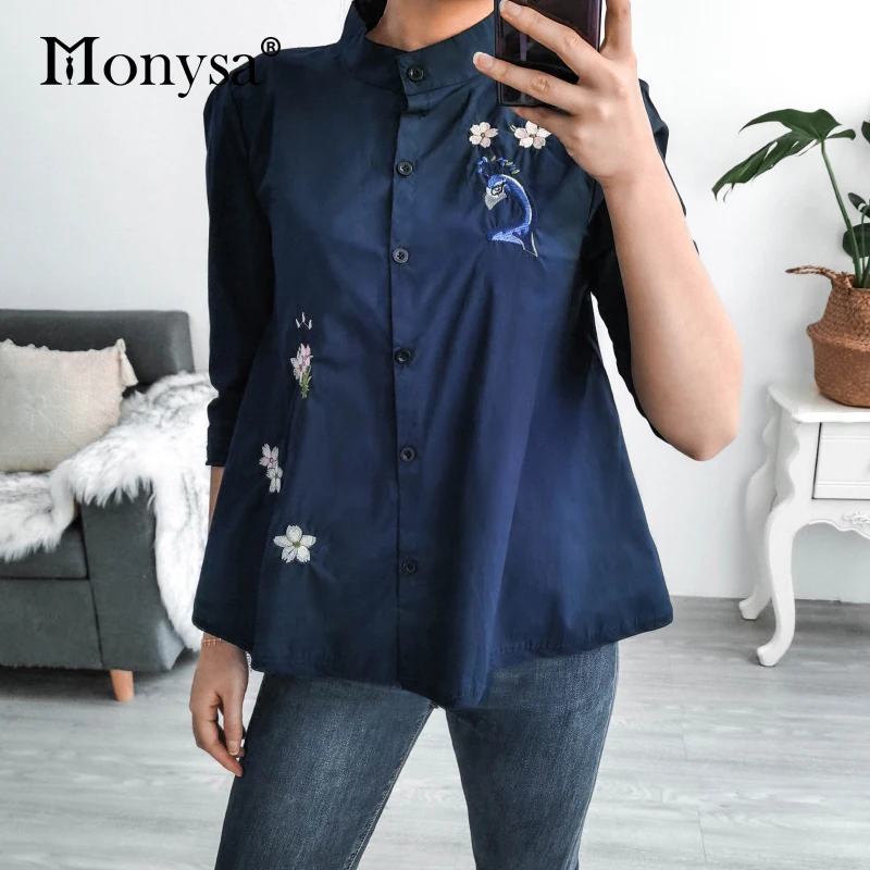 sexy blouses for women Floral Embroidery Shirt Women 2020 Summer New Arrival Half Sleeve Loose Casual Blouses Ladies Cotton Doll Shirt Blue White Tops ladies white shirt