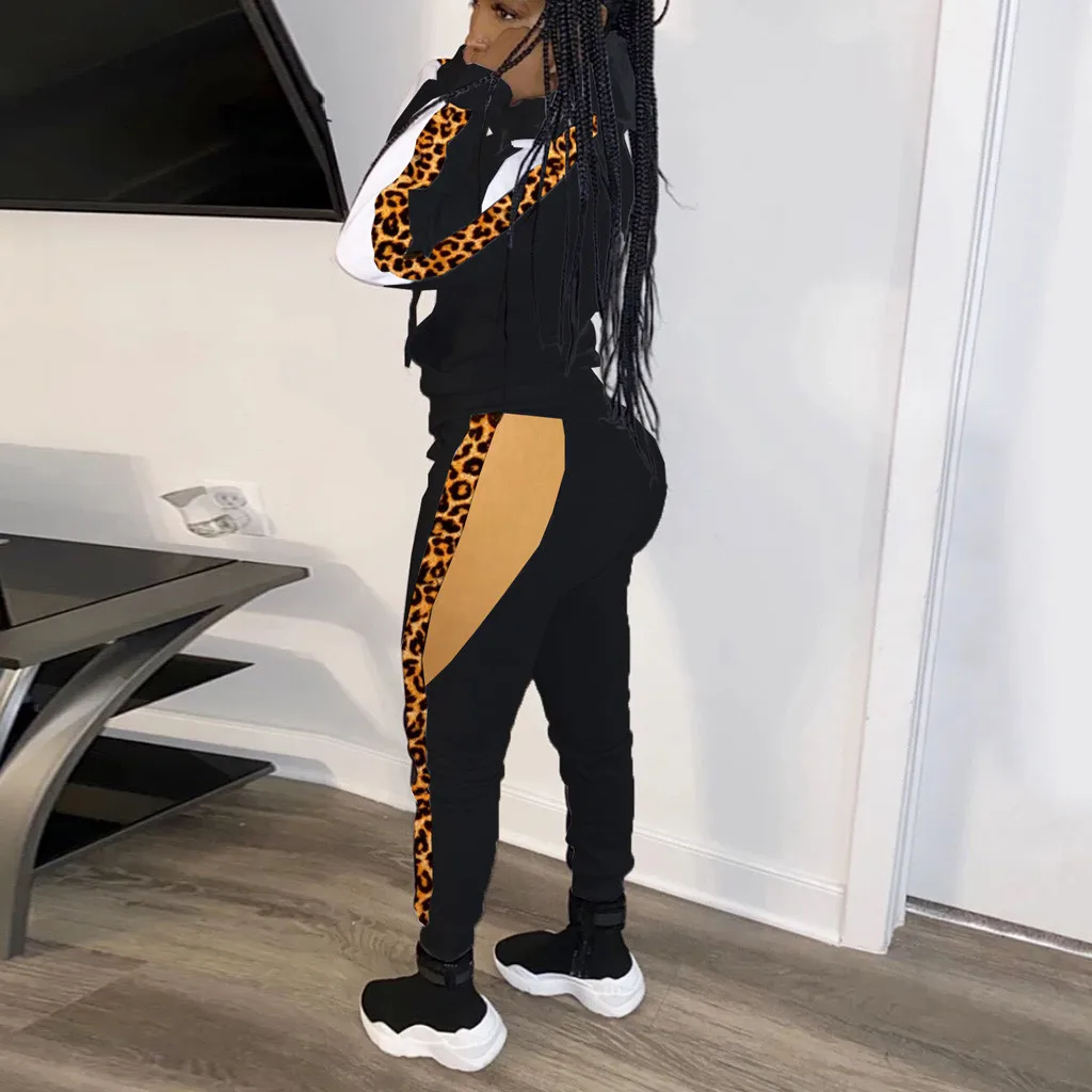 womens tracksuit autumn winter Womens Leopard Print Long Sleeve And Pants Casual Hooded Zipper Set#D