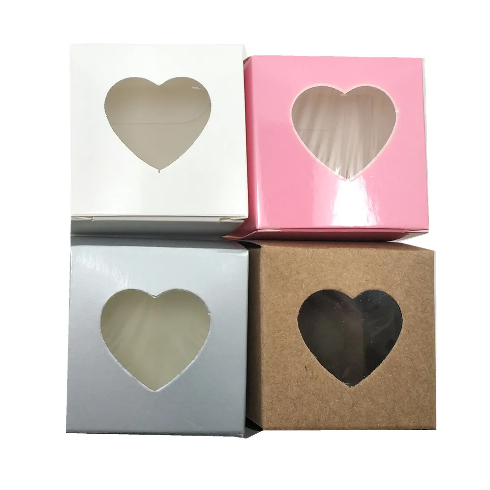 

5x5x5cm Mini Coloful Square Kraft Paper Package Box with Heart Window Foldable Gifts Display Carton Box Party Chocolate Pack Box