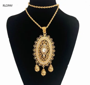 

Arabic Fashion Chain Necklace Gold Hollow Out Pendant Necklace Double Side Flower Pendant Ball Crystal Stones Jewelry Pendant