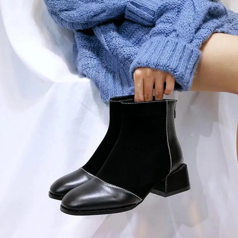

leather and suede patchwork ankle boots women square toe back zipper botas para mujer med high heels plush winter boots women 4