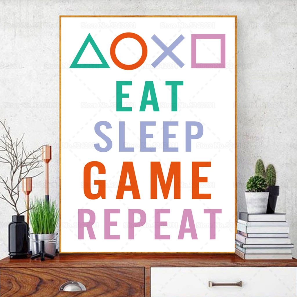 

Funny Games Machine Controller Button Print Poster Wall Art Eat Sleep Game Repeat Humor Canvas Painting Decoration for Gamer