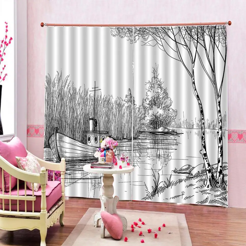 Черный и белый душ Шторы морской прибрежный Пляж Лодка дерево плотные s в простом