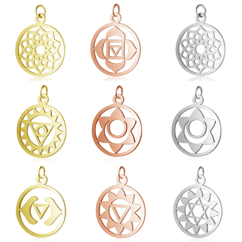 5pcs/lot Yoga 7 Chakra DIY Charms Wholesale 100% Stainless Steel Healing Pendant Lotus Orgone Energy 7-Chakra Connectors Charm | Украшения