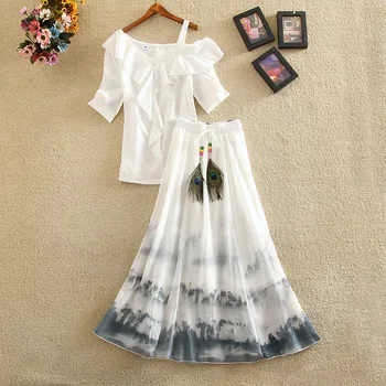 

fashion two pieces women skirts sets 2020 summer new ruffles off shoulder chiffon t-shirts and high waist feathers slirts tops