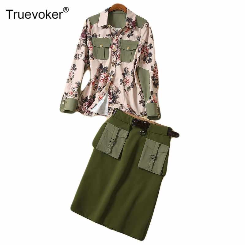 

Truevoker Designer Suit Set Women's Long Sleeves Vintage Printed Blouses With Navy Green Belted Skirt Twinset