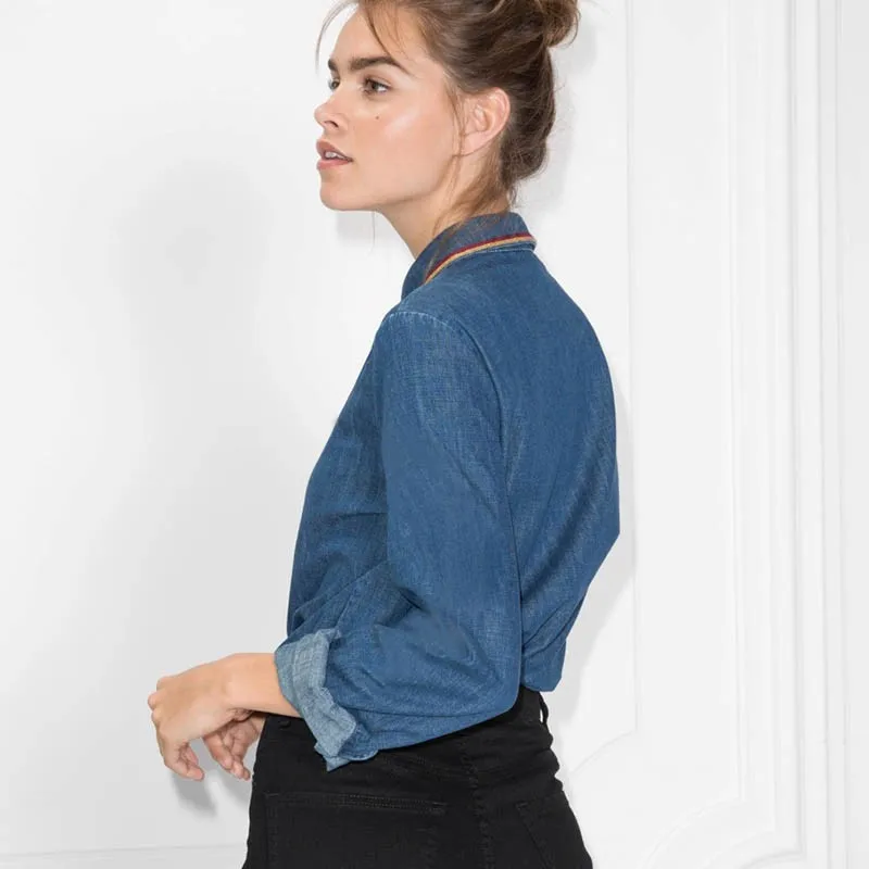 Fashion Women Denim Blouse Top High Quality Colors Striped Long Sleeve Jeans Shirt Single Breasted Office Ladies Casual Shirts | Женская
