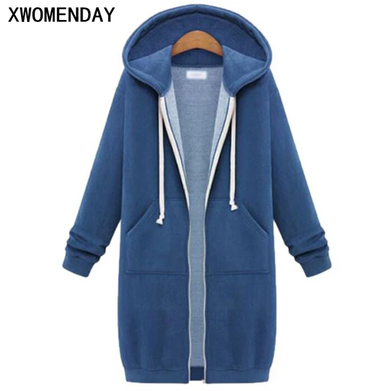 

Women Hooded Trench Coat Long Sleeve Autumn Winter Thick Overcoat Large Size Long Black Clothing Windbreaker Zipper Femme