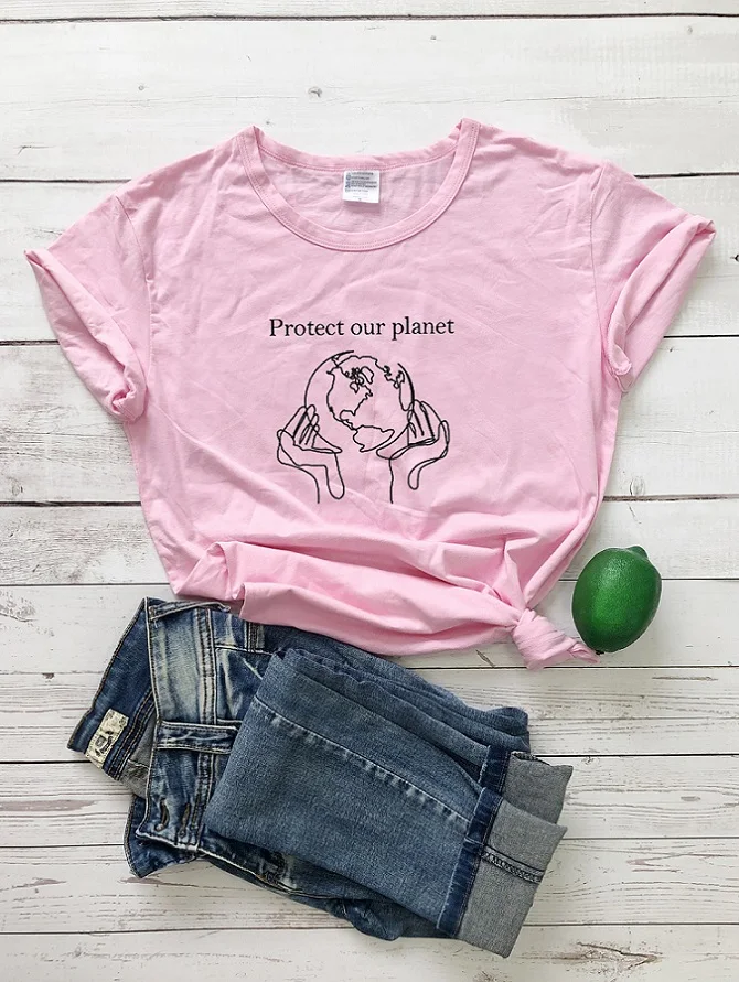 Футболка с защитой нашей планеты, Экологичная одежда для вегетарианцев, футболка с изображением земли, модные повседневные топы, женская футболка - Цвет: Pink-black text