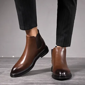 

2020 Men's Leather Winter Boots Fashion Slip-On Shoes Men Ankle Boots Casual Comfy Low-heeled Suit Shoes Winter Male Footwear