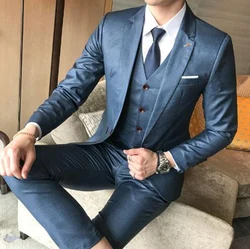 Blue Wedding Men Suits 3Pcs Jacket+Pants+Vest Notch Lapel Blazer Trousers Groom Tuxedo Bridegroom Custom Made Dinner Party Wear
