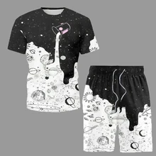 Summer Trendy 2 Piece Set T-Shirt Shorts Outfits Milk Cup Starry Sky Print Male Sets Casual Clothes Short Tracksuit Mens Suits