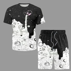 Ensemble 2 pièces T Shirt et Short pour hommes, tenue tendance d'été, coupe de lait, imprimé ciel étoilé, vêtements décontractés, survêtement court 