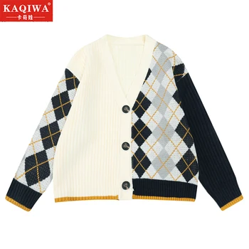 

Net Red Early Autumn New Diamond Colloidal Lattice Knitted cardigan Overcoat V-collar Lazy Wind Sweater