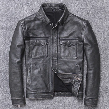 Vintage gray Новинка, мужская куртка из натуральной кожи, большой размер, винтажная Классическая мотоциклетная байкерская куртка, весна-осень, Мужская мягкая куртка из воловьей кожи - Цвет: Vintage gray