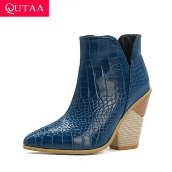 

QUTAA 2021 Square High Heel Ankle Boots PU Snakeskin Slip on Women Shoes Autumn Winter Sexy Pointed Toe Short Boots Size 34-43