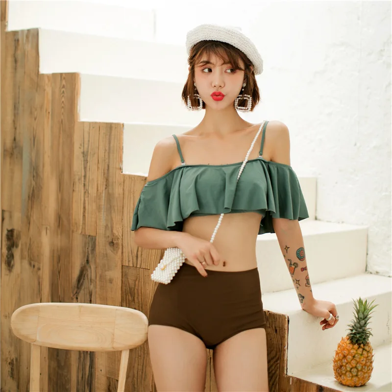 

Off-the-Shoulder Flounced Split Type High-waisted Bikini Belly Covering Slimming Significant Leg Length Swan Neck Off-shoulder H