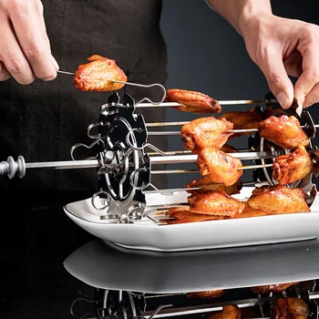 

10 Sticks Pan BBQ Tools Rotary Stainless Steel BBQ Grill Cage Vegetable Meat Skewer Kebab Maker For Rotisserie Oven Roaster