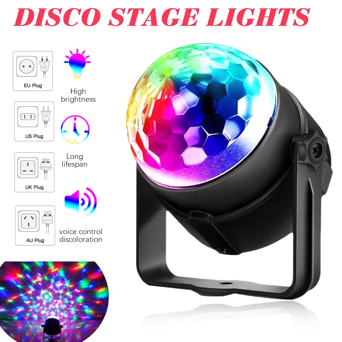 

3W Sound Activated Stage Strobe Lights 3LED RGB Rotating Disco Ball DJ Laser Projector Effect Lamp For Xmas Wedding Party KTV