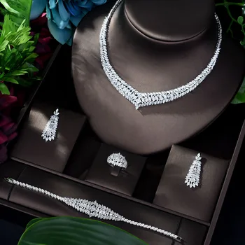 HIBRIDE Exclusive Dubai White Jewellery Set Luxury Cubic Zirconia Necklace Earring Bracelet Party Jewelry Set for Women N-1157