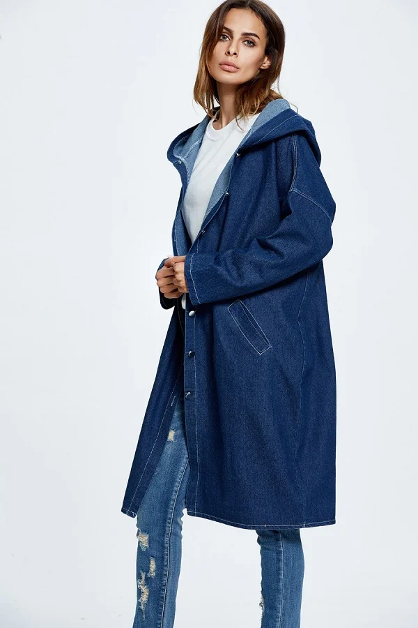 Повседневный длинный рукав свободный с капюшоном джинсовый длинный Тренч пальто coupe vent femme женский плащ осень зима женские большие размеры пальто - Цвет: deep blue