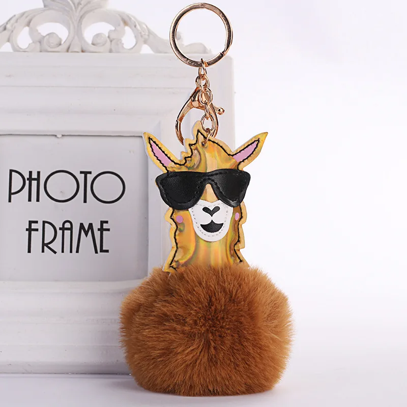 

Cute Glasses Alpaca Faux Fur Ball Keychain Creative PU Animal Bag Pendant Car Pompom Key Rings Women Girls Kids Christmas Gift