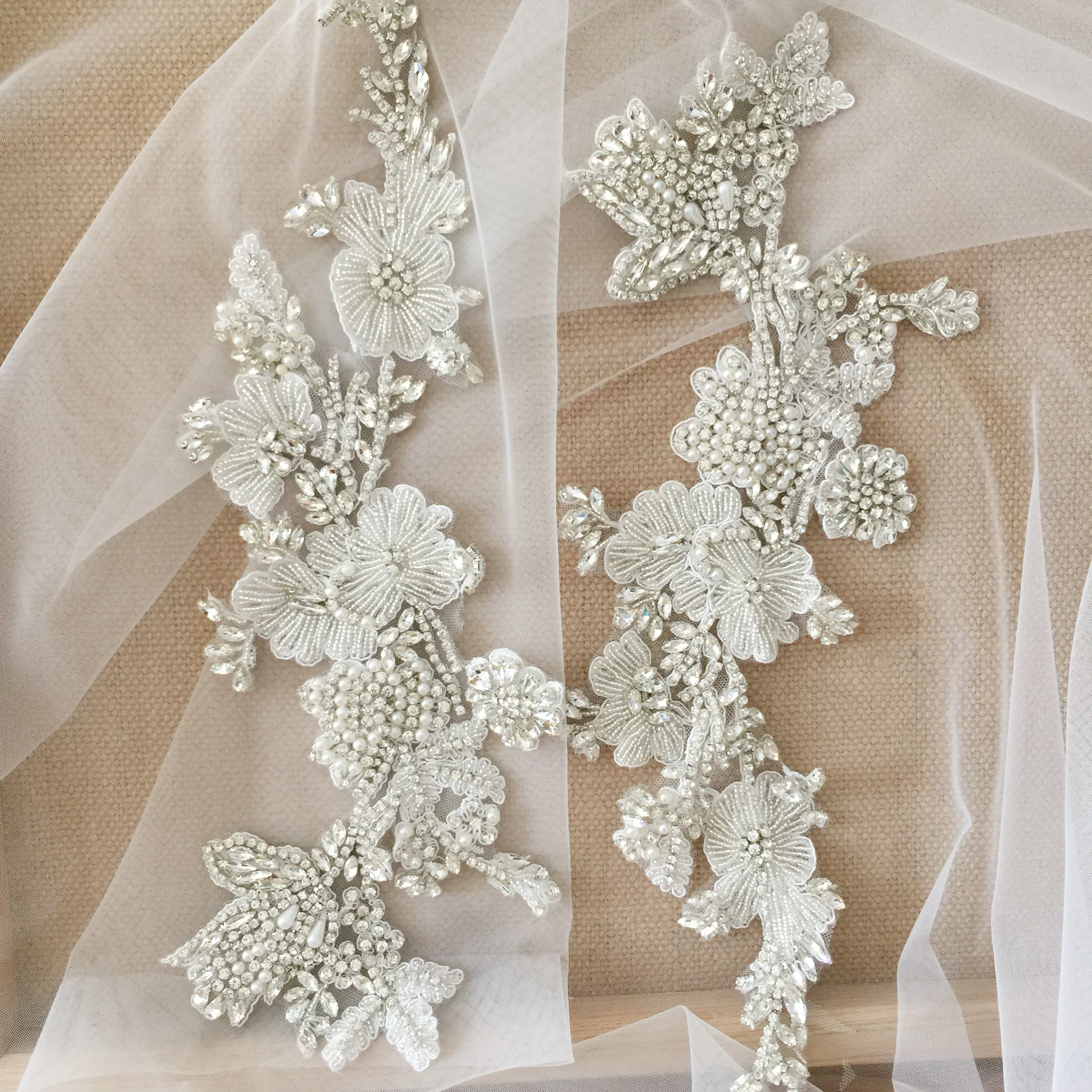 

Delicate Flower Rhinestone Applique Pair Crystal Beaded Bridal Gown Bodice Cape Couture Crystal Applique
